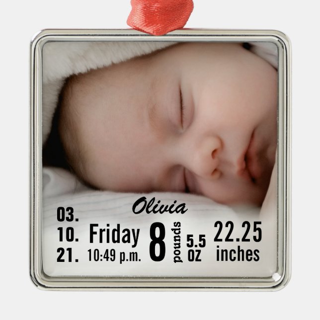 Cute Baby Birth Stats Birth Record Christmas Photo Metal Ornament (Front)