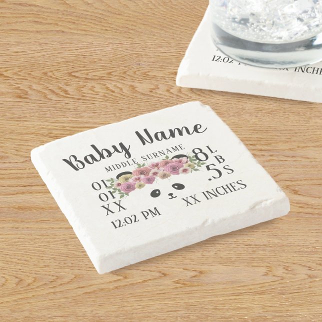 Cute Baby Birth Stats Floral Panda Stone Coaster (New baby? Here's a cute panda themed birth stats coaster that makes a great gift for grandparents)