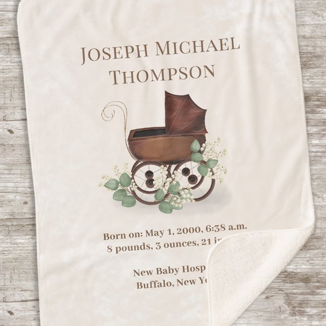 Cute Baby Birth Stats Watercolor Personalized Sherpa Blanket (Custom gender neutral baby blanket with carriage and greenery.)