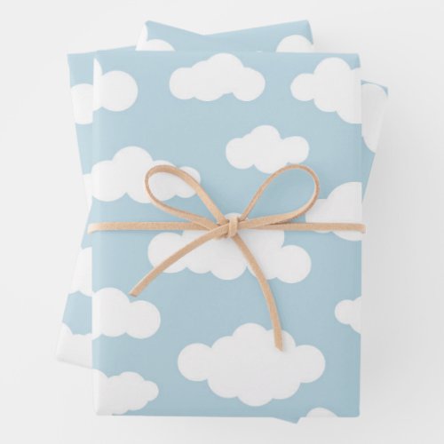 Cute Baby Blue and White Pastel Clouds  Wrapping Paper Sheets