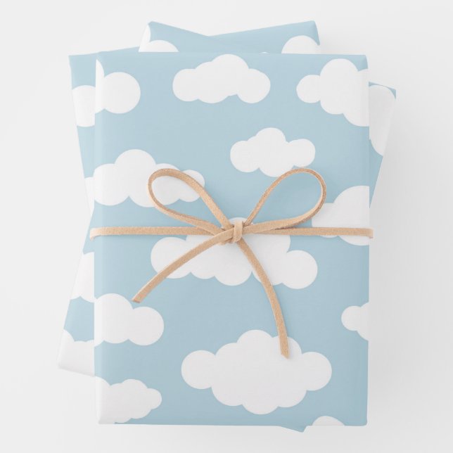 Cute Baby Blue and White Pastel Clouds  Wrapping Paper Sheets (In situ)