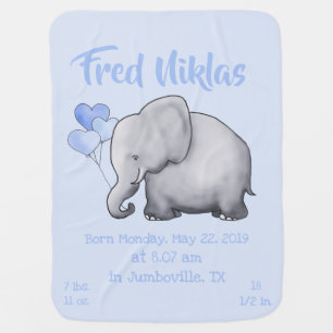 Cute Baby Blue Birth Stats Nursery Elephant Baby Blanket