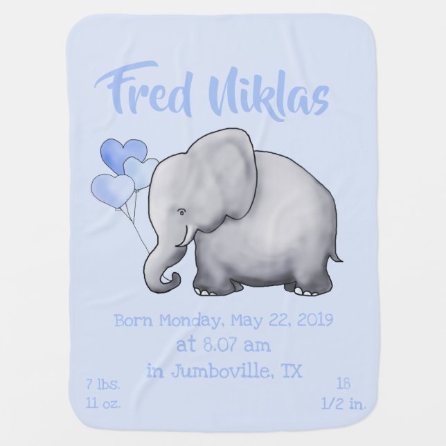 Cute Baby Blue Birth Stats Nursery Elephant Baby Blanket (Front)