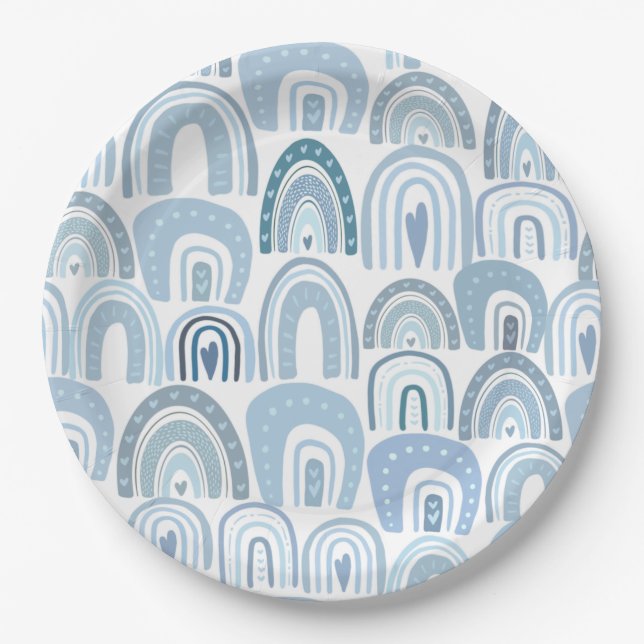 Cute Baby Blue Boho Rainbow Pattern Paper Plates (Front)