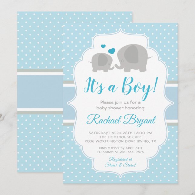 Cute Baby Blue Boy Elephant Baby Shower Invitation (Front/Back)
