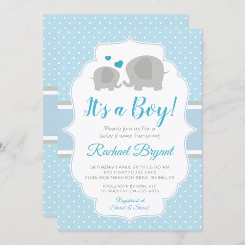 Cute Baby Blue Boy Elephant Baby Shower Invitation