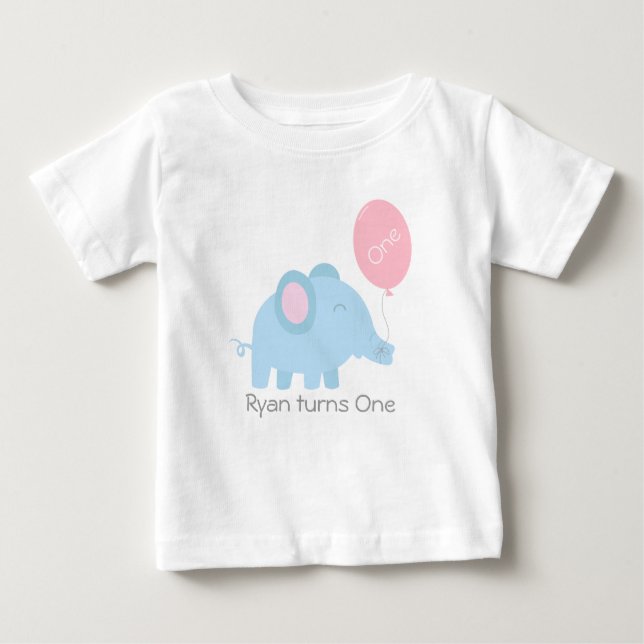 Cute baby blue elephant with a pink balloon baby T-Shirt (Front)