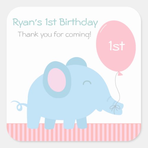 Cute baby blue elephant with a pink balloon square sticker