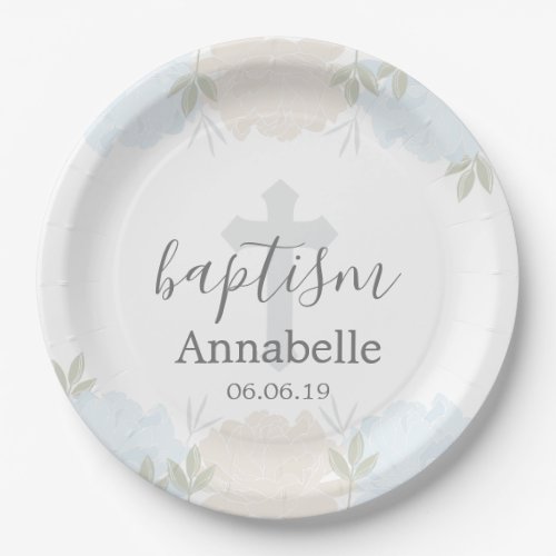 Cute Baby Blue Floral Baby Baptism Paper Plates