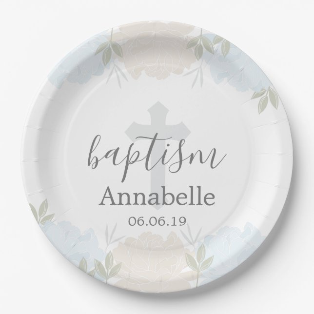 Cute Baby Blue Floral Baby Baptism Paper Plates (Front)
