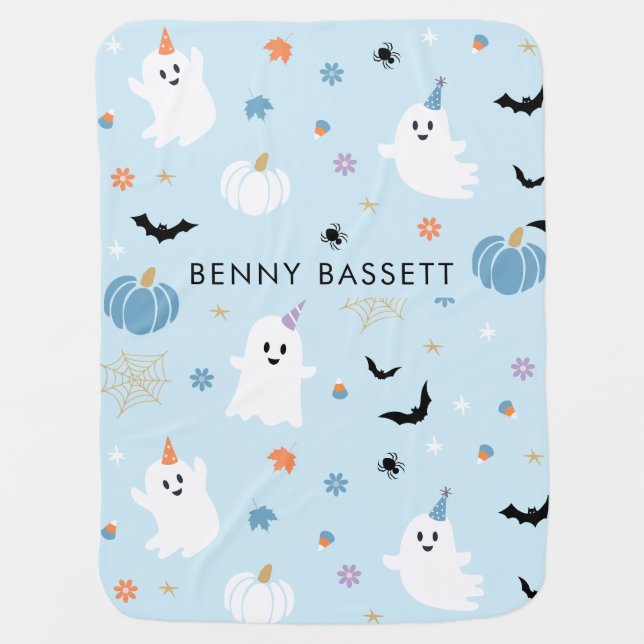 Cute Baby Blue Ghost Halloween Baby Blanket (Front)