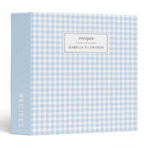 Cute Baby Blue Gingham Plaid Personalized Recipe 3 Ring Binder