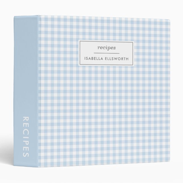 Cute Baby Blue Gingham Plaid Personalized Recipe 3 Ring Binder (Front/Spine)