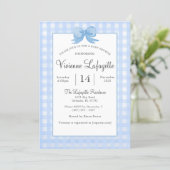 Cute Baby Blue Gingham with Bow Baby Shower Invitation (Standing Front)