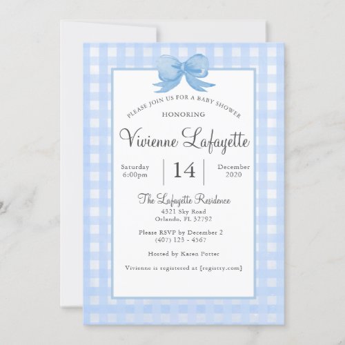 Cute Baby Blue Gingham with Bow Baby Shower Invitation