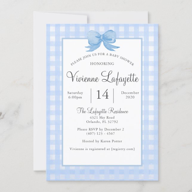 Cute Baby Blue Gingham with Bow Baby Shower Invitation (Front)