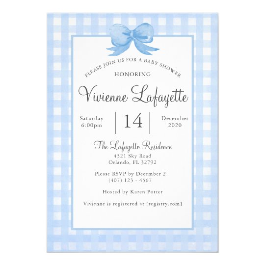 Cute Baby Blue Gingham with Bow Baby Shower Invitation | Zazzle.com