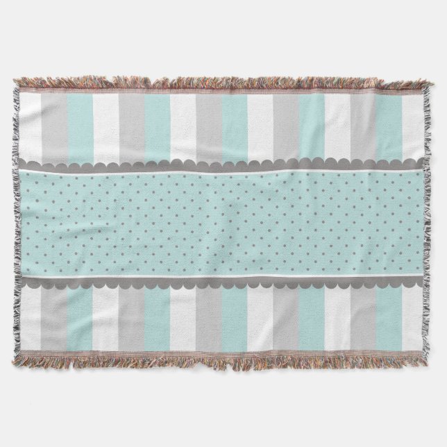 Cute Baby Blue & Gray Stripes and Polka Dots Throw Blanket (Front)