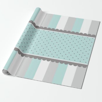 Cute Baby Blue & Gray Stripes And Polka Dots Wrapping Paper by VintageDesignsShop at Zazzle
