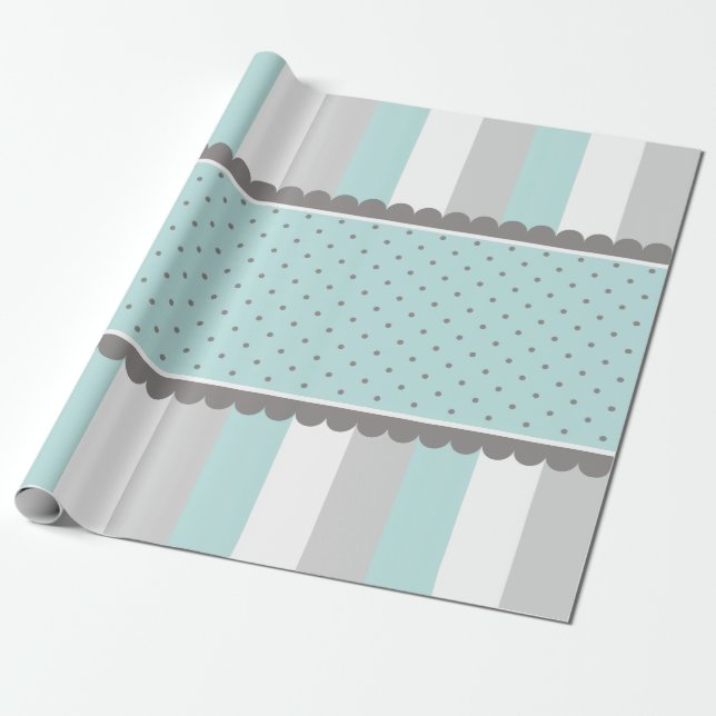 Cute Baby Blue & Gray Stripes and Polka Dots Wrapping Paper (Unrolled)