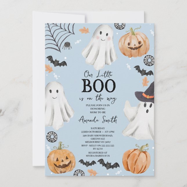 Cute Baby Blue Halloween Little Boo Baby Shower  Invitation (Front)