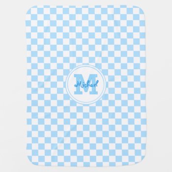 Cute Baby Blue Modern Check Monogrammed Name Kids Swaddle Blanket by iCoolCreate at Zazzle