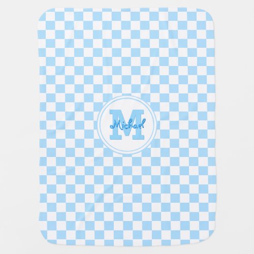 Cute Baby Blue Modern Check Monogrammed Name Kids Swaddle Blanket