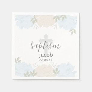 Cute Baby Blue Peonies Baby Baptism Napkins