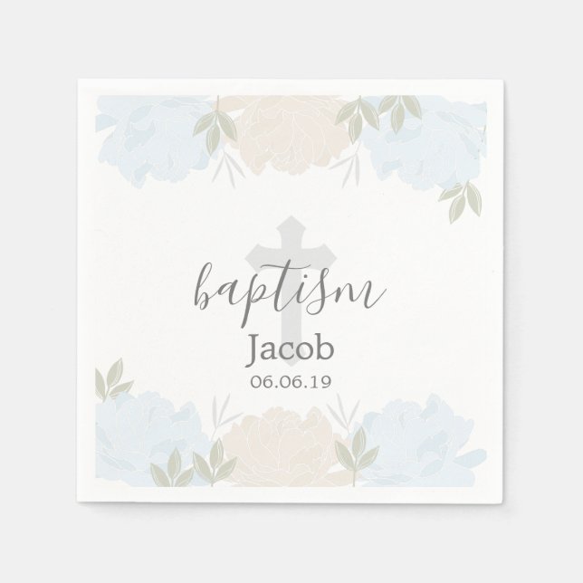 Cute Baby Blue Peonies Baby Baptism Napkins (Front)