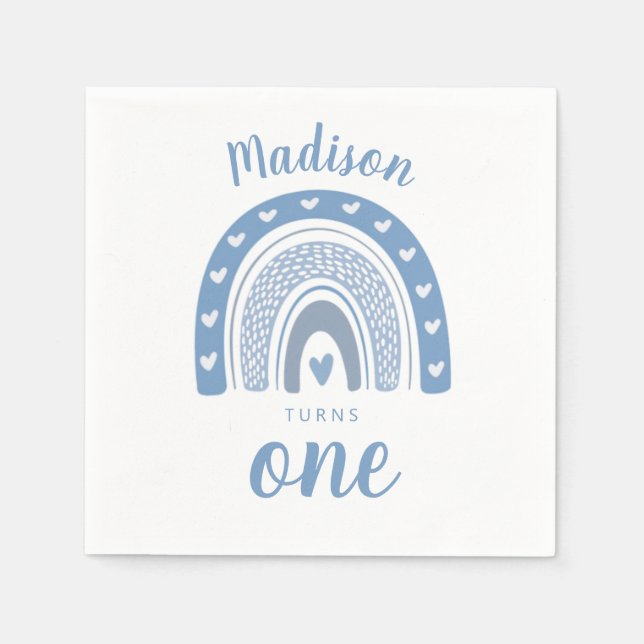 Cute Baby Blue Rainbow Boho First Birthday Napkins (Front)