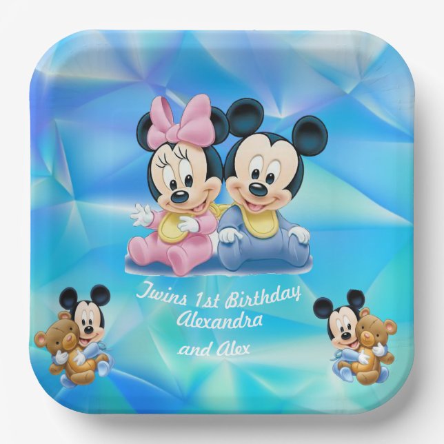Cute Baby Blue Twins 1st Birthday Kids Party Paper Plates (Front)