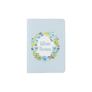 Cute Baby Blue Watercolor Flower Wreath with Name Passport Holder