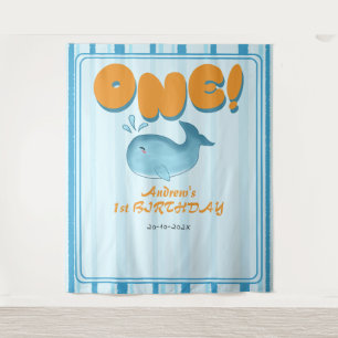 Cute Baby Blue Whale 1st Birthday Backdrop