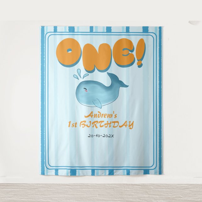 Cute Baby Blue Whale 1st Birthday Backdrop (Front)