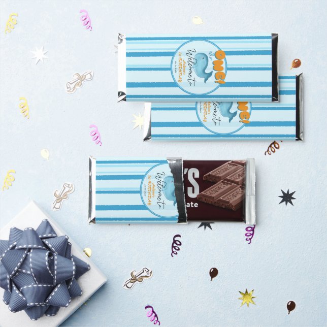 Cute Baby Blue Whale 1st Birthday Hershey Bar Favors (Front)