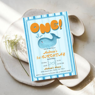 Cute Baby Blue Whale 1st Birthday Invitation