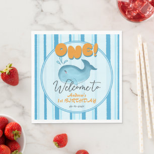 Cute Baby Blue Whale 1st Birthday Napkins