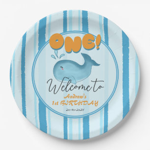 Cute Baby Blue Whale 1st Birthday Paper Plates
