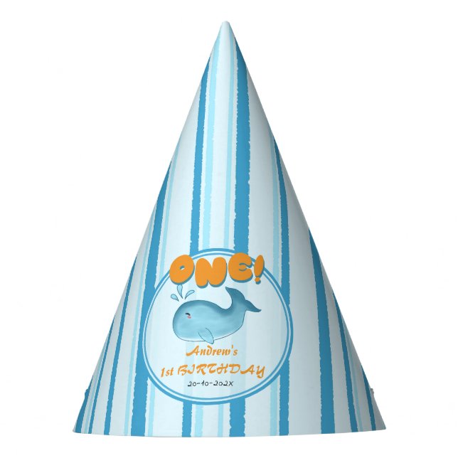 Cute Baby Blue Whale 1st Birthday Party Hat (Front)