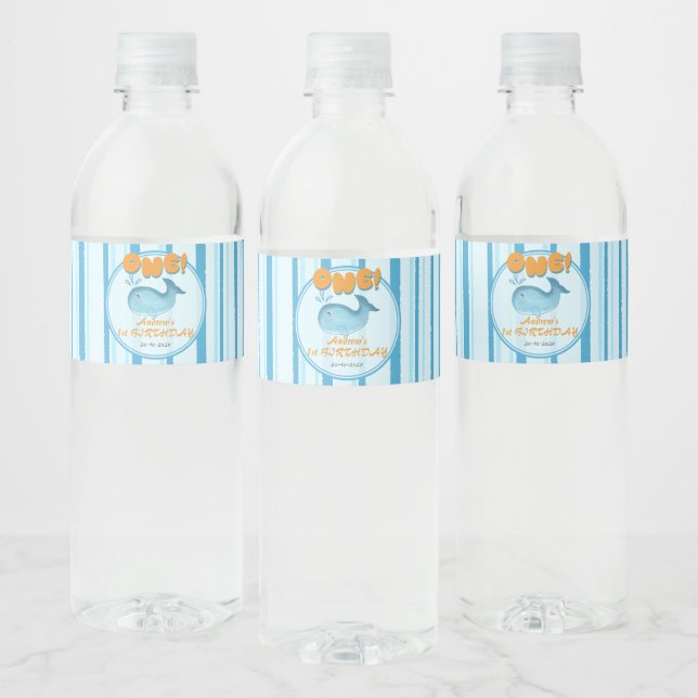 Cute Baby Blue Whale 1st Birthday Water Bottle Label (Bottles)