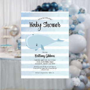 Cute Baby Blue Whale Striped Baby Shower Invitation