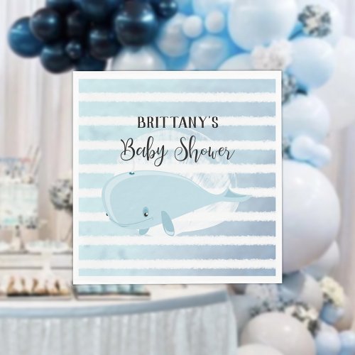 Cute Baby Blue Whale Striped Baby Shower Napkins