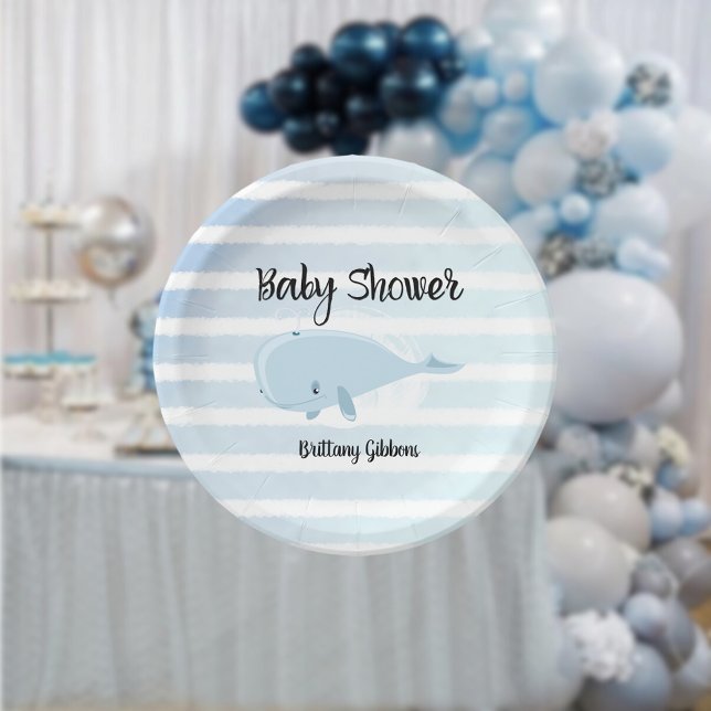 Cute Baby Blue Whale Striped Baby Shower Paper Plates (Creator Uploaded)