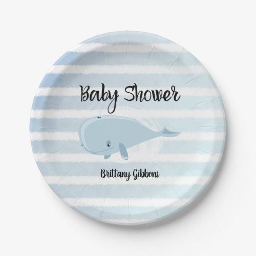 Cute Baby Blue Whale Striped Baby Shower Paper Plates