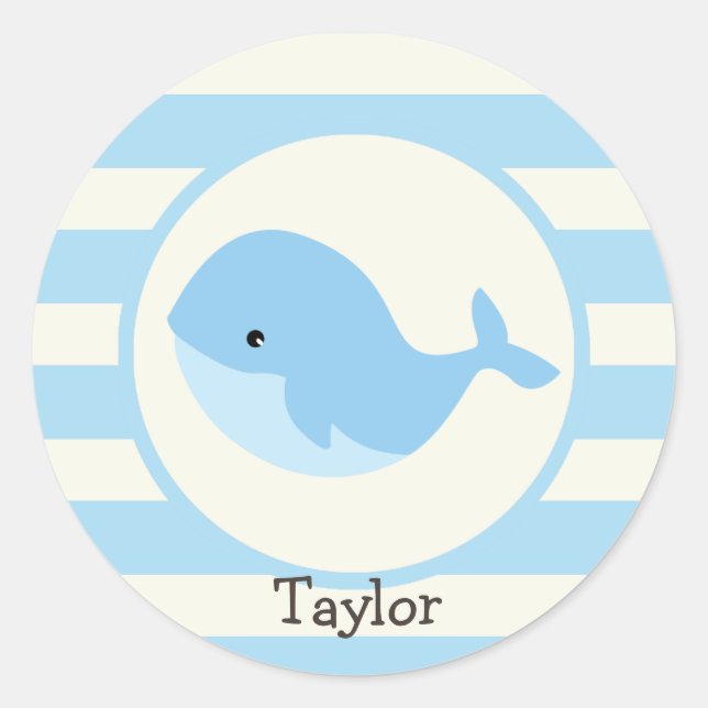 Cute Baby Blue Whale; Stripes Classic Round Sticker (Front)