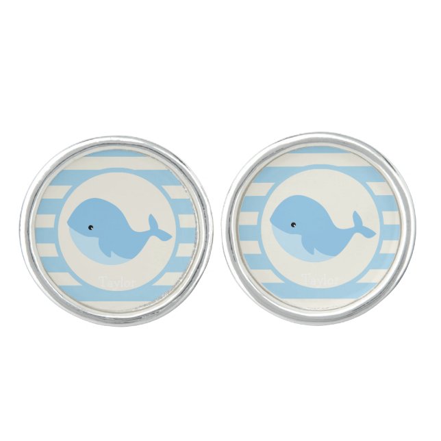 Cute Baby Blue Whale; Stripes Cufflinks (Front)