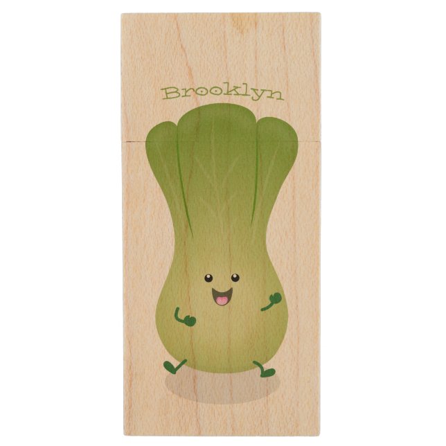 Cute baby bok choy cartoon illustration wood flash drive (Front Vertical)