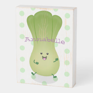 Cute baby bok choy cartoon illustration wooden box sign
