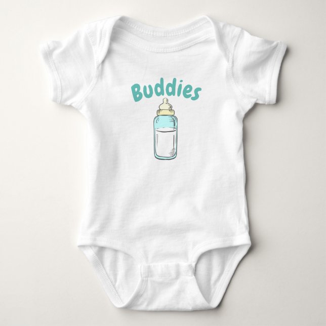 cute baby bottle drinking buddies twin baby bodysuit (Front)