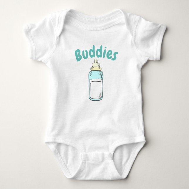 cute baby bottle drinking buddies twin bodysuit (Front)